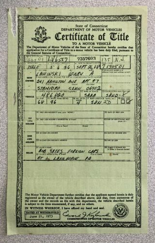 1968 Saab Title Certificate - 1973 Connecticut Motor Vehicle Automobile Car Title