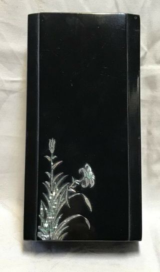 Vintage Asian Black Lacquer Mother Of Pearl Cigarette Box Ashtray