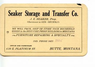 Seaker Storage & Transfer Co - Butte - Montana - Vintage Advertising Business Card