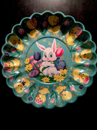 Vintage 1960’s Easter Bunny Rabbit 10” Plastic Bowl Tray Blue Scalloped Edges