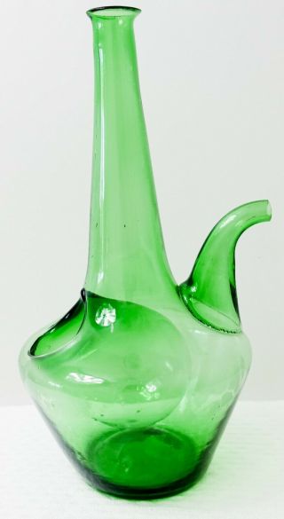 Vintage 14 " Hand Blown Green Glass Wine Bottle / Decanter Pitcher W/ice Chamber