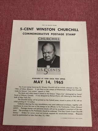 Vintage 5 Cent Winston Churchill 1965 Stamp Us Post Office Bulletin Poster