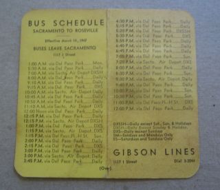 Old Vintage 1947 Gibson Lines Bus Pocket Schedule - Roseville - Sacramento Ca.