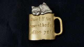 Vintage Cats Kittens in Coffee Mug Brooch Pin Danecraft Silver and Gold Metal 2