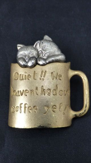 Vintage Cats Kittens in Coffee Mug Brooch Pin Danecraft Silver and Gold Metal 3