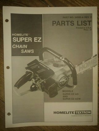 Vintage Homelite Textron Chain Saw Ez Parts List Booklet