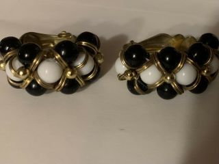Vintage Earrings White And Black Beads Clip With Gold Accents