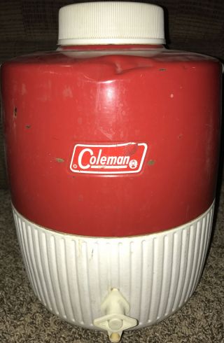 Vintage 5/72 Coleman 2 Gallon Metal Thermos Water Cooler Jug Complete Red White
