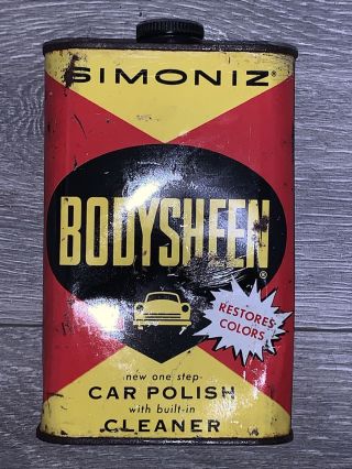 Vintage 1955 Simoniz Bodysheen Car Polish Tin Automobilia Advertising.