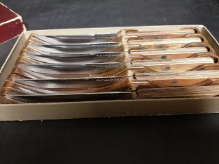 Vintage Set Of 6 Fling Steak Knives With Individual Hardwood Holder F3