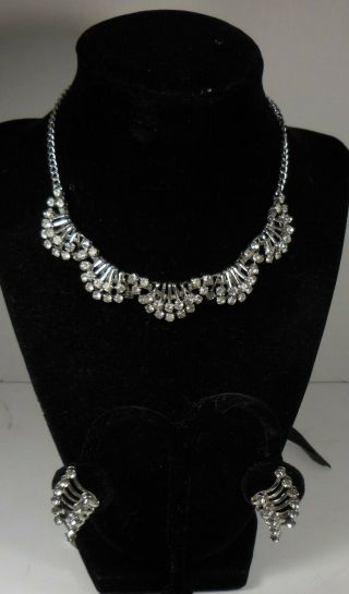 Vintage Art Deco Silver Tone & Clear Rhinestone Necklace & Earrings