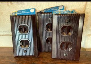 3 Vintage,  Ge Brown Bakelite Double Outlet & Plate Cover,  Nos