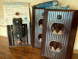 3 Vintage,  GE Brown Bakelite Double Outlet & Plate Cover,  NOS 2