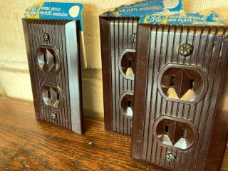 3 Vintage,  GE Brown Bakelite Double Outlet & Plate Cover,  NOS 3