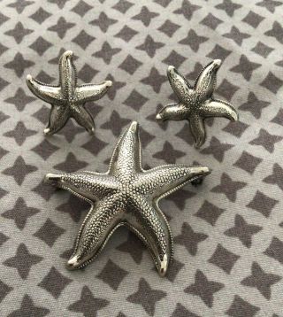 Vintage Beau Sterling Silver Pin Brooch Screw Back Earrings Set Star Fish