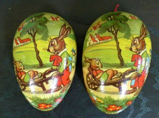 Vintage Large Paper Mache Easter Egg W/ Rabbits Playing West Germany