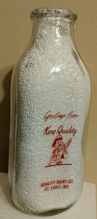 Vintage King Quality Dairy Quart Milk Bottle St Louis Missouri Mo Red Pyro