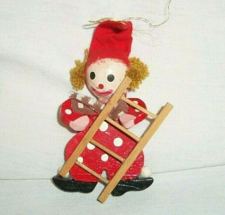 Vtg Wood Wooden Christmas Tree Ornament Circus Clown With Ladder Red Polka - Dot