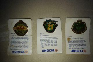 Three (3) Unocal 76 Los Angeles Dodgers Pins 1955 1965 World Series,  21 Pennants