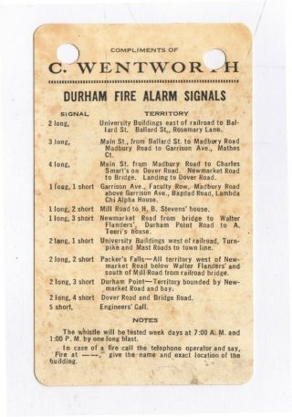 Durham,  Hampshire Vintage Fire Alarm/fire Signals Chart/calendar 1941