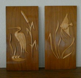 Set Of 2 Vintage Mid Century Wood Wall Plaques Crane Bird & Fish Design