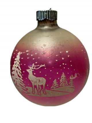 Vtg Shiny Brite Pink Ombre Starry Night Reindeer Unsilvered Glass Xmas Ornament