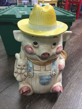 Vintage 1960’s Farmer Pig Cookie Jar By Treasure Craft Chip On Hat