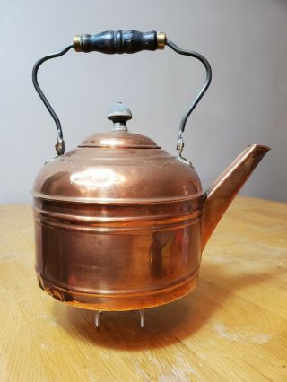 Vintage Copper And Brass Tea Pot Kettle With Wood And Steel Handle