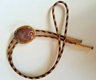 Vintage Bolo Tie With Oval Polished Agate Stone In Gold Tone Frame