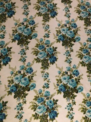 Vtg Mid Century Blue Rose Avocado Green Leave Fiberglass Drape Fabric 5yds