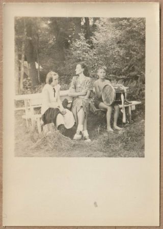 A44 - Boy With Drum Lady In Saddle Shoes Looks Away - Old Vintage Photo Snapshot