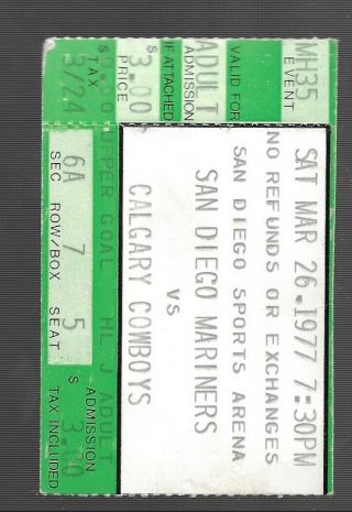 Hockey Wha San Diego Mariners Ticket Stub,  1976 - 77,  Vs Calgary Cowboys