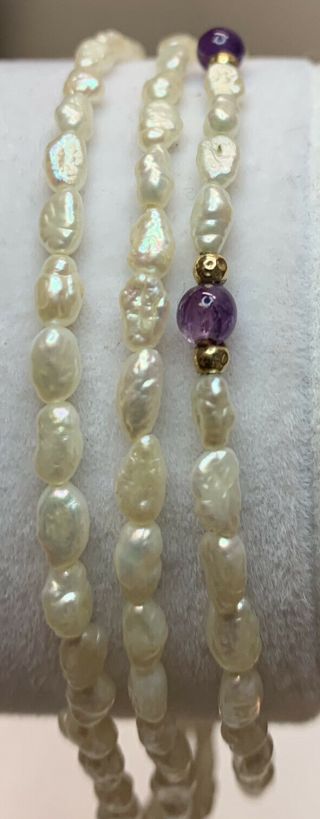Vintage 14k Gold Fresh Water Pearl And Amethyst 3 Strand Bead Bracelet 7.  5”