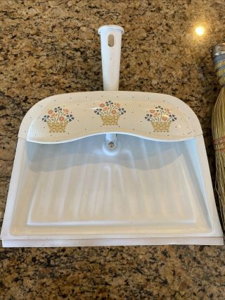 Vintage Mid Century Metal Dust Pan White With Floral Baskets & Straw Hand Broom 2