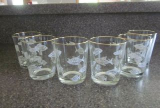 Vintage Mid Century Modern Set Of 6 Shot Glasses Low Ball Glasses Etched Fish