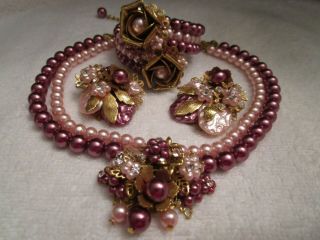 Vintage Pink / Purple Necklace,  Earrings And Bracelet Set