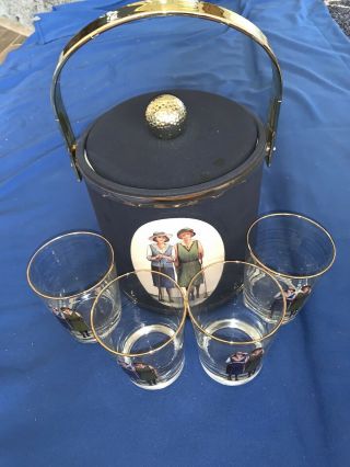 Vintage Set Of (4) Lady Golfer Old Fashioned’s W/gold Rim/ Matching Ice Bucket