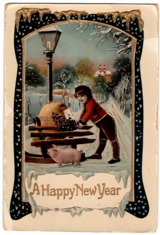 102620 Vintage Year Postcard Boy Pushing Sled With Pig C1910