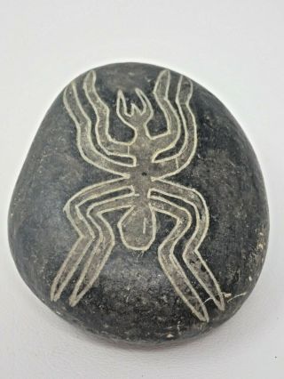 Vintage 1982 Black Peruvian Nazca Lines Engraved Stone Spider