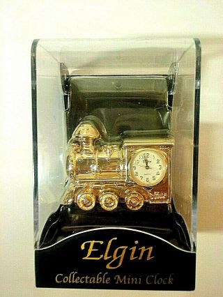 Elgin Train Clock Mini Collectible Gold Plated In Display Case Vintage