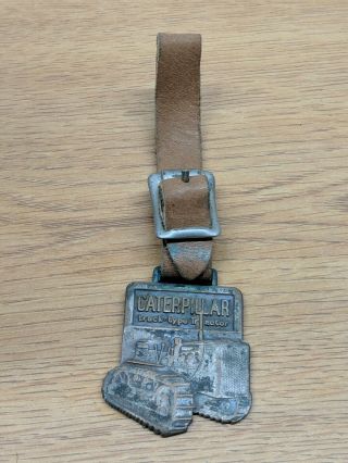 Vintage Metal Watch Fob W/ Leather Strap - Machinery Equipment Caterpillar