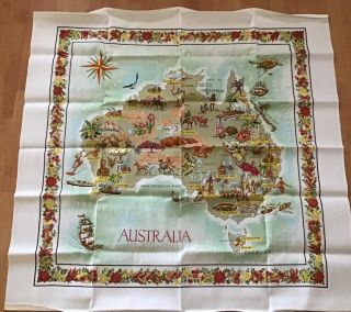 Vintage 50s 60s Australia Map Linen Tablecloth Souvenir 52x52