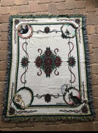 Vtg Cat Theme Tapestry Rug Blanket 64x51 Made In Usa