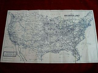 Vintage Greyhound Bus Lines 1947 Map Of The United States - - " The Overland Route "