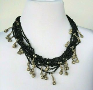 Vintage Statement Beaded Black Necklace With Silver Tone Charms 21 "