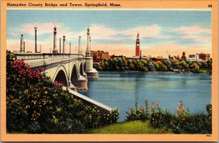 Vtg Hampden County Bridge And Tower Springfield Massachusetts Ma Linen Postcard