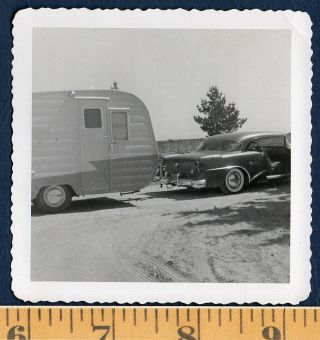 1954 Buick 2 - Door Hardtop Tows Canned Ham Travel Trailer Vintage Photo Snapshot