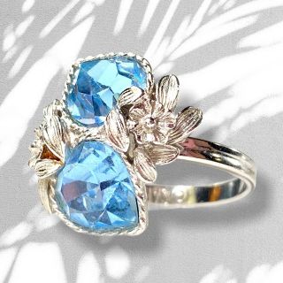 Sarah Coventry Blue Heart Glass Ring Flowers Vintage Silver Tone Adjustable