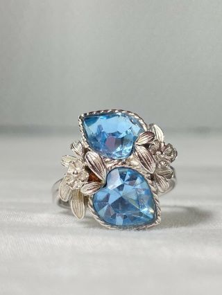 Sarah Coventry Blue Heart Glass RING Flowers Vintage Silver Tone Adjustable 2