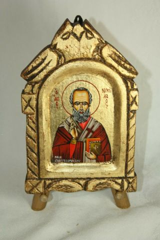 Vintage Greek Orthodox Byzantine Icon Carved Wood Board Hand Painted Gold Leaf